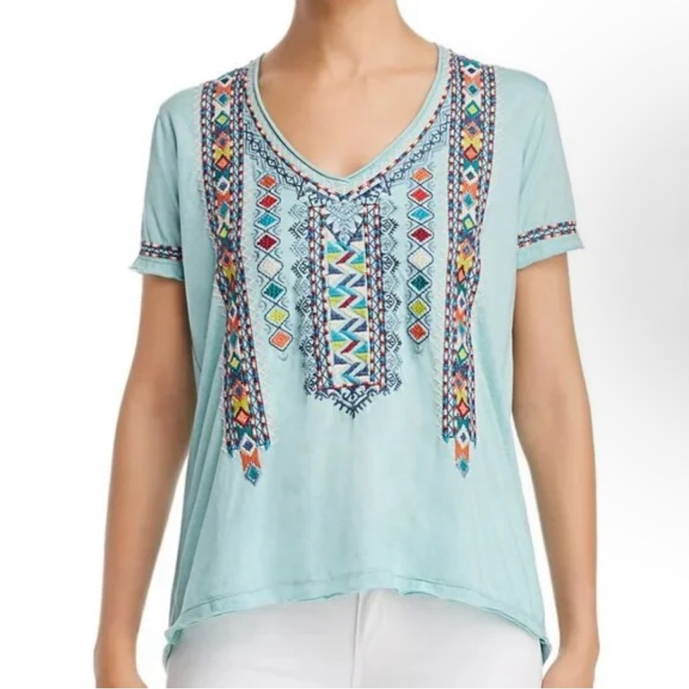 Johnny Was Amaris Everyday Embroidered Short-Sleeve Tee, Light Blue, size XL